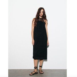 Zara Mixed Knit Cotton Blend Sleeveless Midi Dress NWT Black Size Small